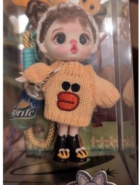 KAWAII Mini Doll phone pendant in Yellow Duck Knit Sweater with Sprite bag